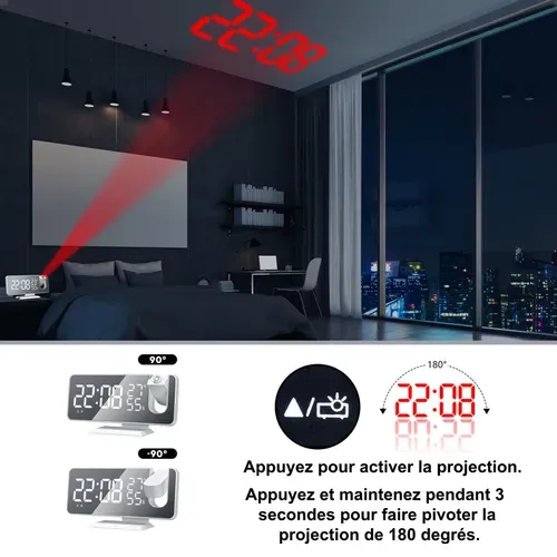 Réveil Projecteur 180° Rotatif, Double Alarme Snooze, Horloge LED USB, Abs Blanc