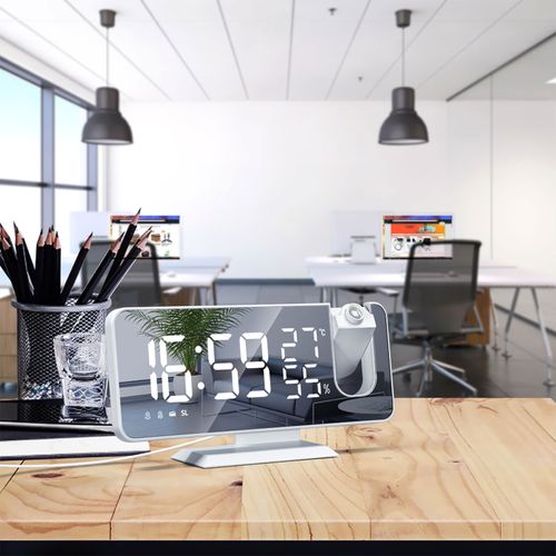 Réveil Projecteur 180° Rotatif, Double Alarme Snooze, Horloge LED USB, Abs Blanc