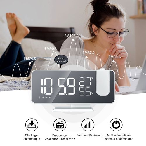 Réveil Projecteur 180° Rotatif, Double Alarme Snooze, Horloge LED USB, Abs Blanc