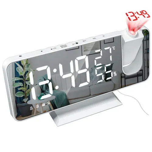 Réveil Projecteur 180° Rotatif, Double Alarme Snooze, Horloge LED USB, Abs Blanc