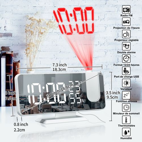Réveil Projecteur 180° Rotatif, Double Alarme Snooze, Horloge LED USB, Abs Blanc