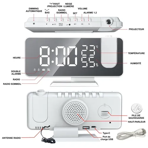 Réveil Projecteur 180° Rotatif, Double Alarme Snooze, Horloge LED USB, Abs Blanc