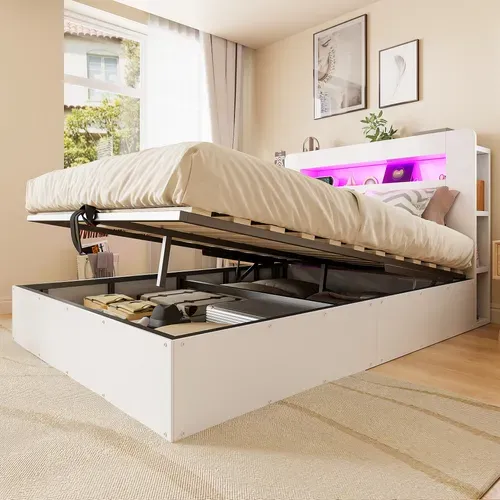 Lit Coffre 140×200 Cm, Hydraulique, LED, Prises Intégrées Et Rangements, Bois Blanc