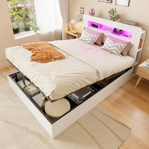 Lit Coffre 140×200 Cm, Hydraulique, LED, Prises Intégrées Et Rangements, Bois Blanc