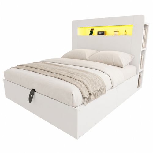 Lit Coffre 140×200 Cm, Hydraulique, LED, Prises Intégrées Et Rangements, Bois Blanc