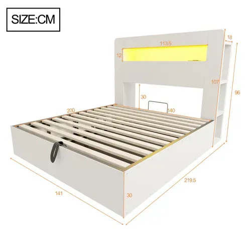 Lit Coffre 140×200 Cm, Hydraulique, LED, Prises Intégrées Et Rangements, Bois Blanc