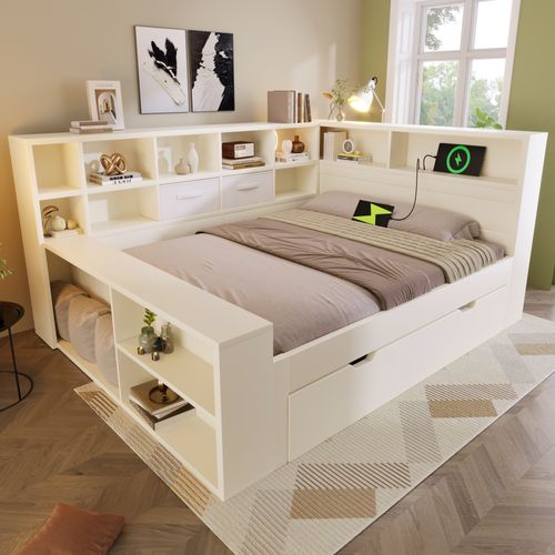 Lit Gigogne 140 × 200 Cm Et 90 × 190 Cm Avec Rangements, USB Et Type-c, Bois Blanc