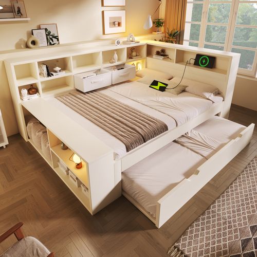 Lit Gigogne 140 × 200 Cm Et 90 × 190 Cm Avec Rangements, USB Et Type-c, Bois Blanc