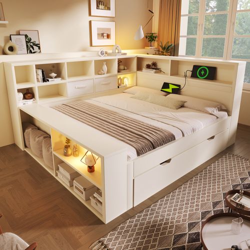 Lit Gigogne 140 × 200 Cm Et 90 × 190 Cm Avec Rangements, USB Et Type-c, Bois Blanc