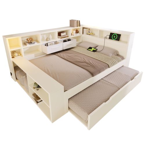 Lit Gigogne 140 × 200 Cm Et 90 × 190 Cm Avec Rangements, USB Et Type-c, Bois Blanc