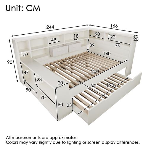 Lit Gigogne 140 × 200 Cm Et 90 × 190 Cm Avec Rangements, USB Et Type-c, Bois Blanc