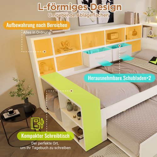 Lit Gigogne 140 × 200 Cm Et 90 × 190 Cm Avec Rangements, USB Et Type-c, Bois Blanc