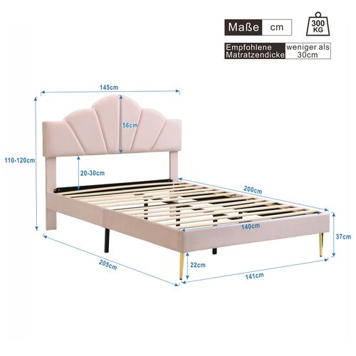 Lit Double 140x200 Cm, Tête De Lit Réglable En Hauteur, Velours, Pieds En Métal Doré, Rose