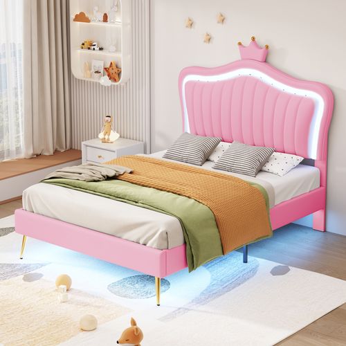 Lit 90x200cm, Lit Simple, Lit Enfant, Tête De Lit, Cadre De Lit, Sommier, LED, Simili-cuir, Rose
