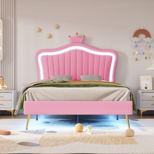 Lit 90x200cm, Lit Simple, Lit Enfant, Tête De Lit, Cadre De Lit, Sommier, LED, Simili-cuir, Rose