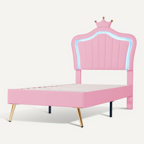 Lit 90x200cm, Lit Simple, Lit Enfant, Tête De Lit, Cadre De Lit, Sommier, LED, Simili-cuir, Rose
