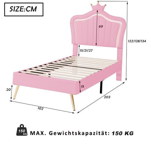 Lit 90x200cm, Lit Simple, Lit Enfant, Tête De Lit, Cadre De Lit, Sommier, LED, Simili-cuir, Rose