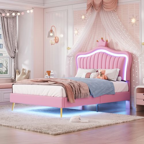 Lit 90x200cm, Lit Simple, Lit Enfant, Tête De Lit, Cadre De Lit, Sommier, LED, Simili-cuir, Rose