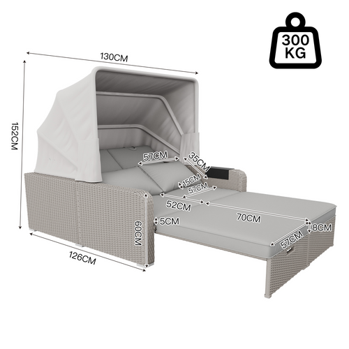 Canapé De Jardin 2 Places, Convertible En Bain De Soleil, Auvent Amovible, Polyrotin, Kaki
