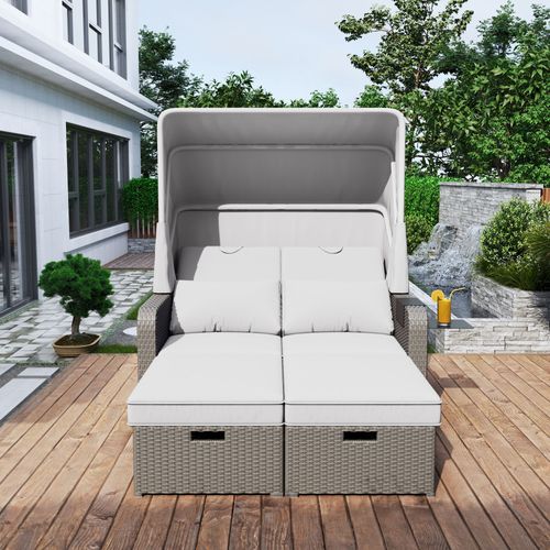 Canapé De Jardin 2 Places, Convertible En Bain De Soleil, Auvent Amovible, Polyrotin, Kaki