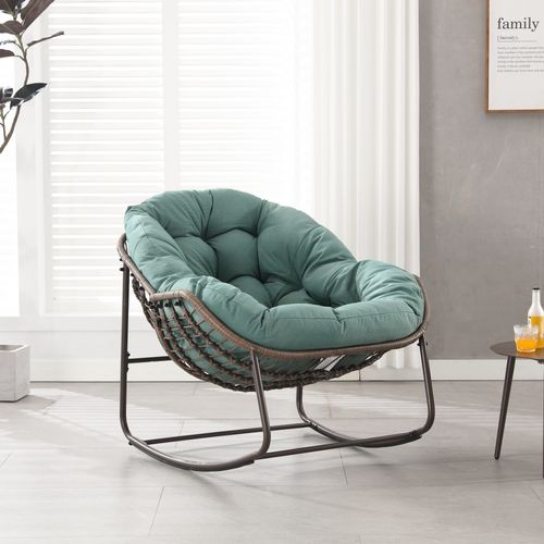 Fauteuil à Bascule 111x94.5x80 Cm, Siège Extra Large Avec Coussin, Acier Et Rotin Tressé, Vert Clair