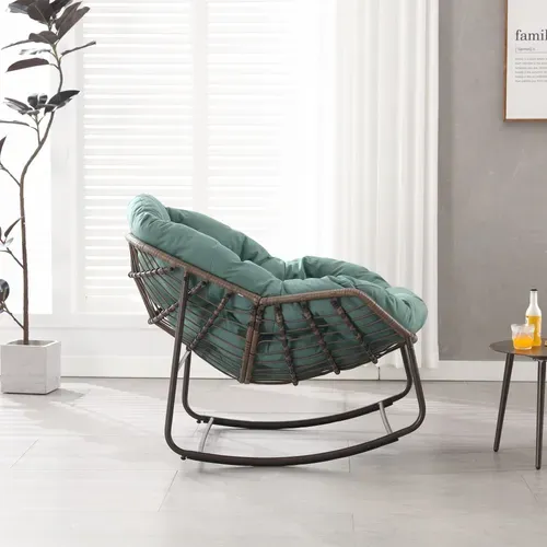 Fauteuil à Bascule 111x94.5x80 Cm, Siège Extra Large Avec Coussin, Acier Et Rotin Tressé, Vert Clair