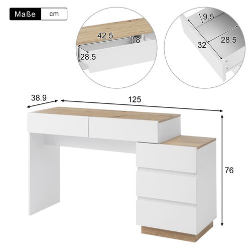 Coiffeuse 125x38.9x76 Cm, 5 Tiroirs, Rangement Spacieux, Panneau De Particules E1, Blanc+bois