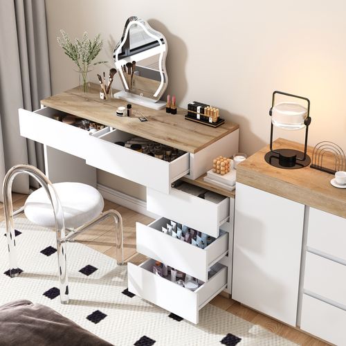 Coiffeuse 125x38.9x76 Cm, 5 Tiroirs, Rangement Spacieux, Panneau De Particules E1, Blanc+bois