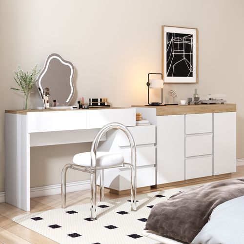 Coiffeuse 125x38.9x76 Cm, 5 Tiroirs, Rangement Spacieux, Panneau De Particules E1, Blanc+bois