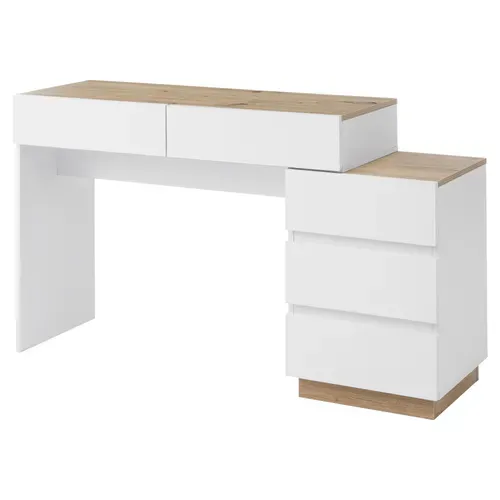 Coiffeuse 125x38.9x76 Cm, 5 Tiroirs, Rangement Spacieux, Panneau De Particules E1, Blanc+bois
