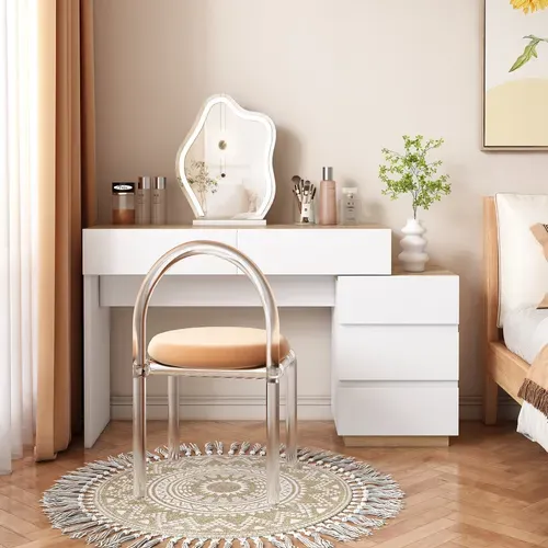 Coiffeuse 125x38.9x76 Cm, 5 Tiroirs, Rangement Spacieux, Panneau De Particules E1, Blanc+bois