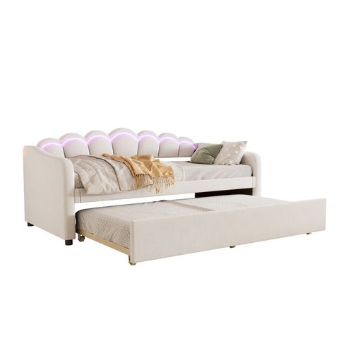 Lit Gigogne 90x200cm+90x190cm, Lit 2 En 1 Extensible Avec Éclairage LED, Velours Et Mdf, Beige