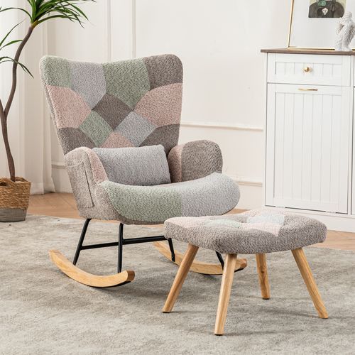 Fauteuil Rocking-chair,avec Repose-pieds,coussin Lombaire,bois+métal,flanelle,multicolore