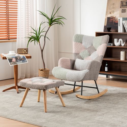 Fauteuil Rocking-chair,avec Repose-pieds,coussin Lombaire,bois+métal,flanelle,multicolore