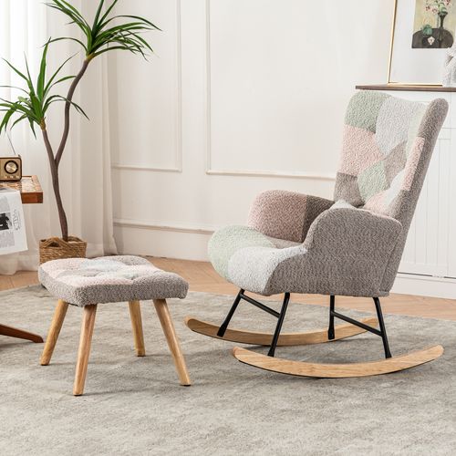Fauteuil Rocking-chair,avec Repose-pieds,coussin Lombaire,bois+métal,flanelle,multicolore