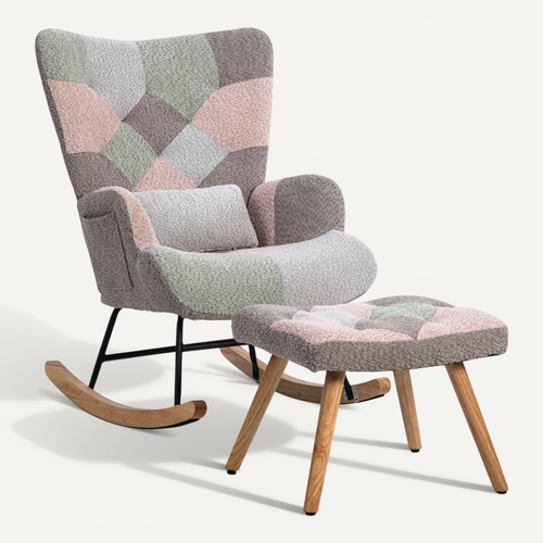 Fauteuil Rocking-chair,avec Repose-pieds,coussin Lombaire,bois+métal,flanelle,multicolore