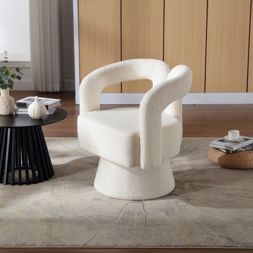 Fauteuil Pivotant 67x55x74 Cm, Dossier, Assise Large, Base Métal 360 Degrés, Bouclé, Beige