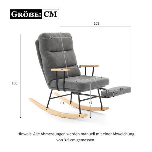Fauteuil à Bascule 102x63,5x100 Cm, Système Gravité, Repose-pieds Intégré, Tissu Teddy Gris