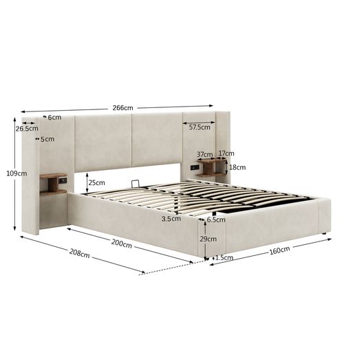 Lit Coffre 160x200 Cm, Prises Et Ports USB, Rangement Caché, 2 Chevet, Bois, Velours, Beige