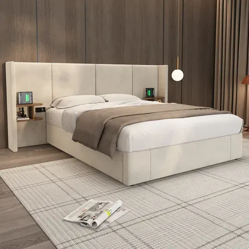 Lit Coffre 160x200 Cm, Prises Et Ports USB, Rangement Caché, 2 Chevet, Bois, Velours, Beige