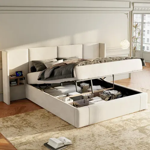 Lit Coffre 160x200 Cm, Prises Et Ports USB, Rangement Caché, 2 Chevet, Bois, Velours, Beige