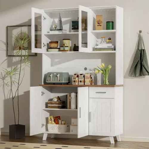 Buffet Haut 114.5x40x190  Cm, 1 Tiroir, 5 Portes, 3 Niches, Panneaux De Particules, Blanc+brun