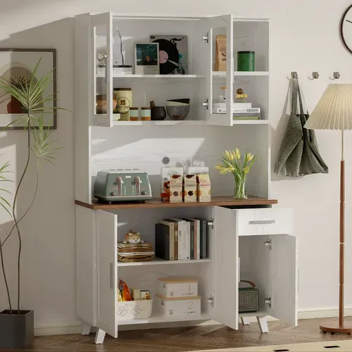 Buffet Haut 114.5x40x190  Cm, 1 Tiroir, 5 Portes, 3 Niches, Panneaux De Particules, Blanc+brun