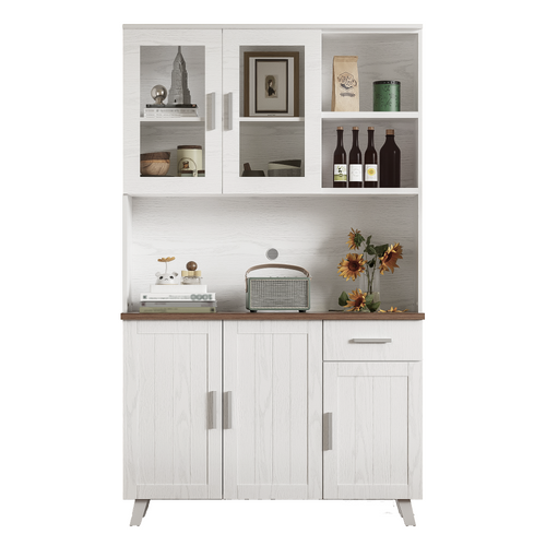 Buffet Haut 114.5x40x190  Cm, 1 Tiroir, 5 Portes, 3 Niches, Panneaux De Particules, Blanc+brun