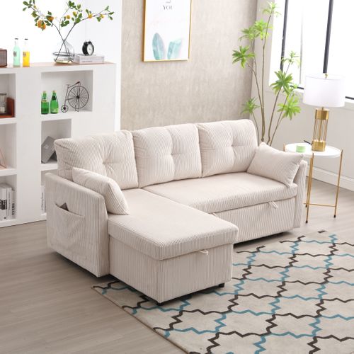 Canapé Gigogne 206x108x88, Rangement Coffre, Tissu Velours Côtelé, Structure En Bois, Beige