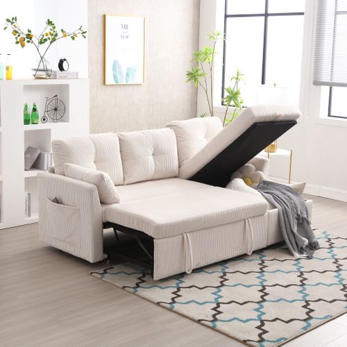 Canapé Gigogne 206x108x88, Rangement Coffre, Tissu Velours Côtelé, Structure En Bois, Beige