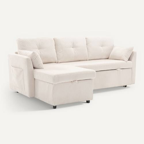 Canapé Gigogne 206x108x88, Rangement Coffre, Tissu Velours Côtelé, Structure En Bois, Beige