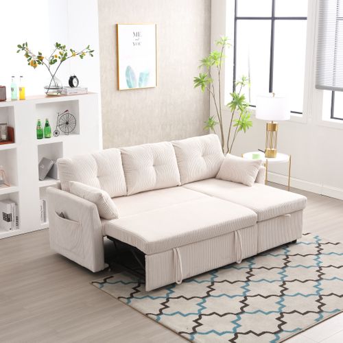 Canapé Gigogne 206x108x88, Rangement Coffre, Tissu Velours Côtelé, Structure En Bois, Beige