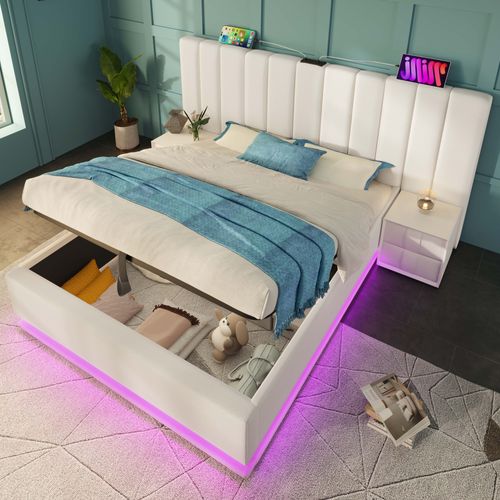 Lit Coffre 180x200 Cm, Rangement Caché, LED 360 Degrés Et Ports USB Type C, Métal, Bois, Pu, Blanc