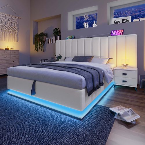 Lit Coffre 180x200 Cm, Rangement Caché, LED 360 Degrés Et Ports USB Type C, Métal, Bois, Pu, Blanc